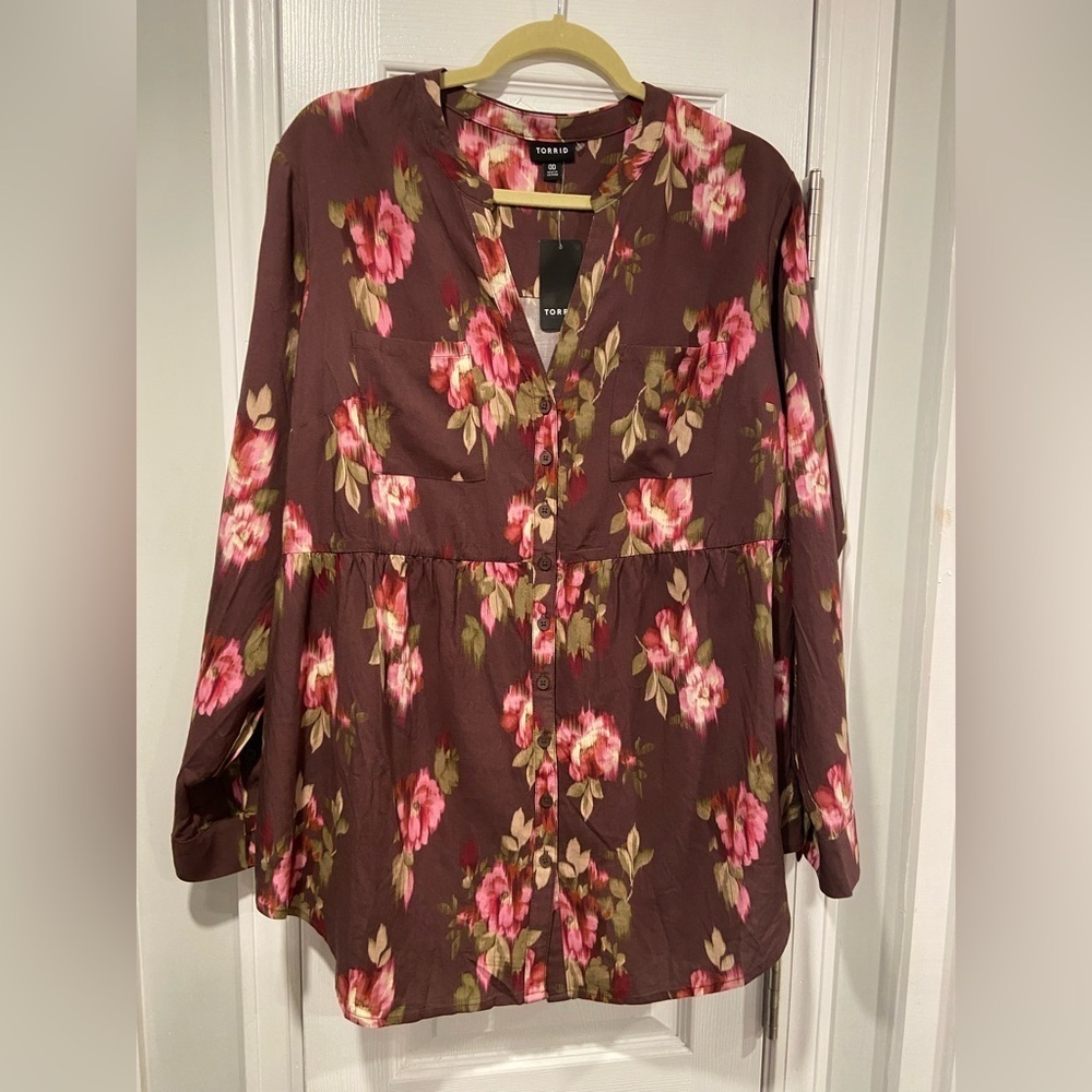 NWT Torrid Emma Babydoll Tunic Blair Floral Burgundy Pink Long Sleeve Top Size L